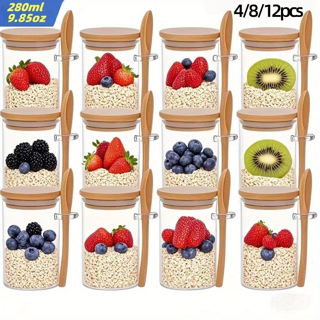 Meal Prep Glass - 4/8/12개입, 뚜껑이 있는 오트밀 아침식사 컵(9.85온스/280ml),